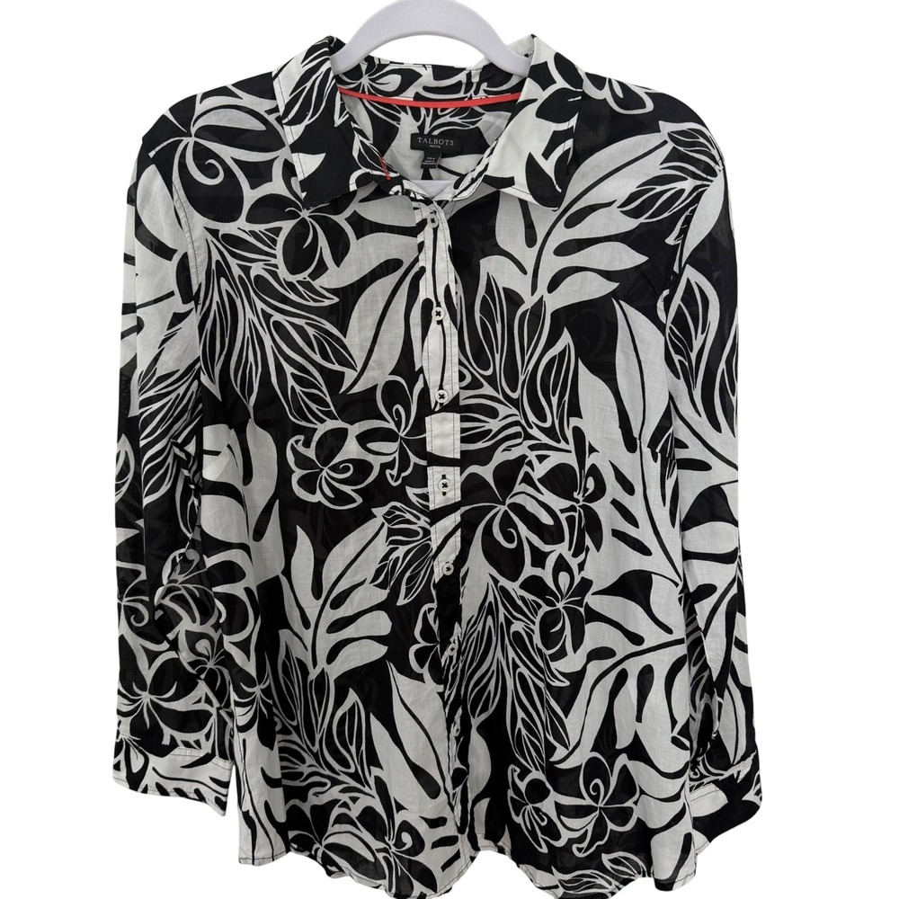 Talbots Button Down Shirt Black White Tropical Beachy Delicate XLP Petite NWOT